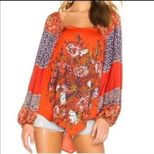 Free People Positano Printed Blouse - Red Cherry Combo - XS NWT 